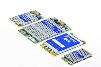 ThingMagic's product line of embedded ultrahigh-frequency (UHF) RFID reader modules, which include (from left) the Mercury5e-Compact, the Mercury5e, the Mercury6e, and the Micro. The Mercury6e, released in 2011, for instance, is a high-power, four-port, UHF module that's able to read up to 750 tags per second, up to 30 feet away, and is small enough for use in mobile applications. 