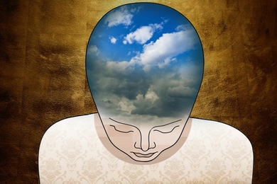 Artist's rendering of person looking downward, with clouds in their head