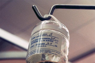 A close-up of an intravenous (IV) bottle with Cyclophosphamide.