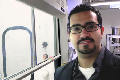 Mostafa Bedewy next to hood with a chemical vapor deposition system he uses to make and study carbon nanotube forests. Published research by Bedewy, with Associate Professor of Mechanical Engineering A. John Hart and colleagues, showed that better production methods for aligned carbon nanotubes will require control of both collective chemical and mechanical factors governing their growth and self-...
