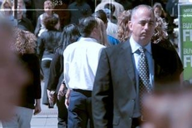 Crowded crosswalk with overlay of digital numbers