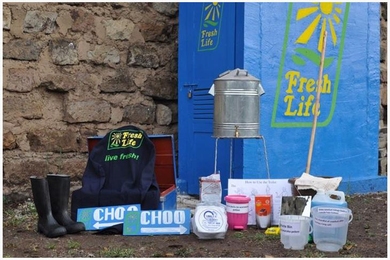 Shown here is a Fresh Life Toilet, which comes with necessary equipment for Fresh Life Operators to run their businesses.