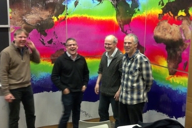 Some of the contributors to the MITgcm modeling effort: (left to right) Martin Losch, Baylor Fox Kemper (PhD '03), Chris Hill, and Dimitris Menemenlis.
