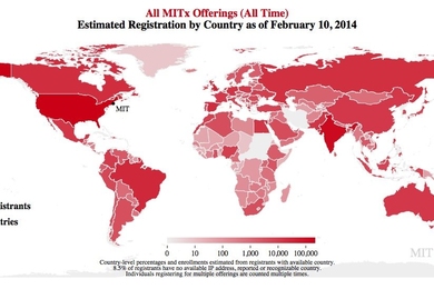 Map of MITx enrollment by country.