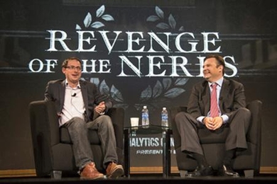 Political analyst and author Nate Silver (left) and Daryl Morey MBA ’00 speak at last year's MIT Sloan Sports Analytics Conference.