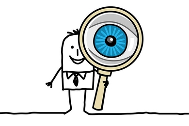 Illustration of a pereson holding a giant magnifying glass before his eye