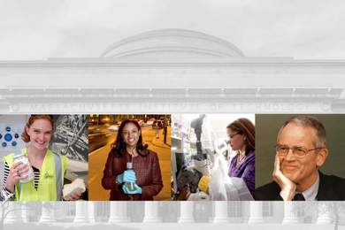 MIT dome with four community member photos superimposed, including Chuck Vest at right