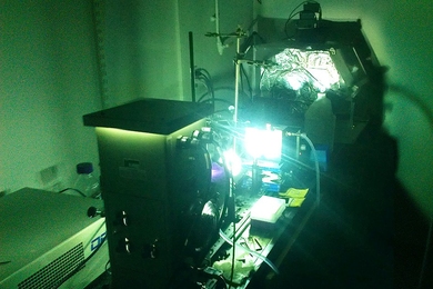 A powerful arc lamp is used to simulate sunlight on a sample of photoswitchable molecules, driving structural changes at the molecular level. A portion of the light's energy is stored with each structural change. The progress of these changes can be tracked by monitoring the molecules' optical properties.   