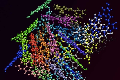 A snapshot from a molecular dynamics simulation shows the geometric order and disorder characteristics of eumelanin aggregate structures. The different variations of the eumelanin molecules are shown in different colors for clarity.
