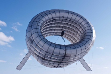 The Buoyant Air Turbine (or BAT), developed by Altaeros Energies, uses an inflatable shell to float 1,000 to 2,000 feet above ground, where winds blow five to eight times stronger, and more consistently, than winds at tower level.