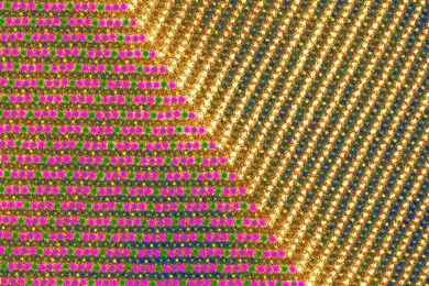 The internal molecular structure of the electrode compound reveals what the researchers call the "superstructure." At right is a scanning transmission electron microscope image of the material, and, at left, the image is color-coded based on electrical properties: Each green dot stands for a stripe of manganese plus-4 ions; purple dots, for manganese plus-3 ions; and mixed color dots (green inside...