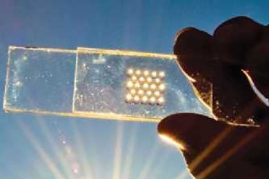 Hand holds a rectangular glass device by sunlight.