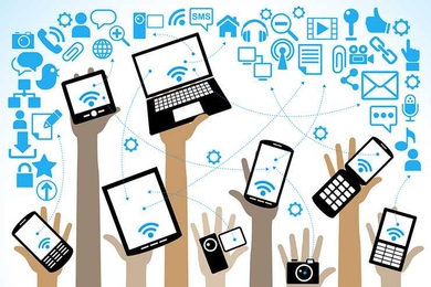 Illustration of 9 hands, each holding up a digital device