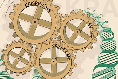 Four gears read "CRISPR-Cas9" and spin together next to DNA strand