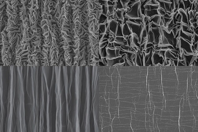 Four grayscale electron microscope images of graphene. Top right, graphene in a partially crumpled state. Bottom right, a piece that has been crumpled and then flattened out. Top left: chaotic crumpled pattern. Bottom left: graphene folded into pleats.