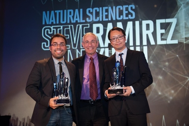 Left to right: Steve Ramirez of the Picower Institute at MIT, NIMH Director Dr. Tom Insel, and Xu Liu of the Picower Institute at MIT.