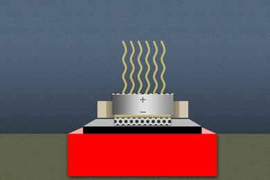 Button battery with electric waves coming from the top sits atop a red square.