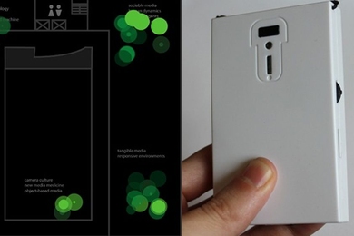Split screen of anatomy of sociometric sensor device and its exterior
