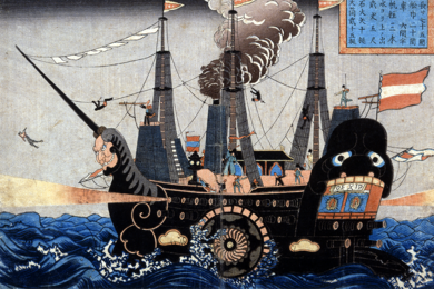 American warship Japanese woodblock print