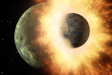 An artist’s rendering of a protoplanetary impact. Early in the impact, molten jetted material is ejected at a high velocity and breaks up to form chondrules, the millimeter-scale, formerly molten droplets found in most meteorites. These droplets cool and solidify over hours to days.