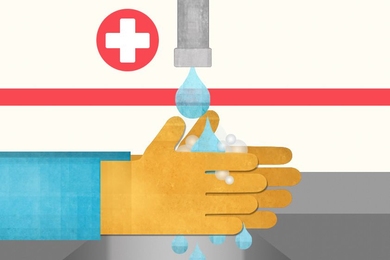 A hospital worker uses a soap dispenser that's been fitted into one of General Sensing's dispenser monitors.