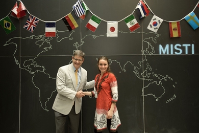 At the MISTI Excellence Awards ceremony on June 5, Chappell Lawson, director of MISTI and associate professor of political science, congratulated award winner Kelly Kochanski '15.