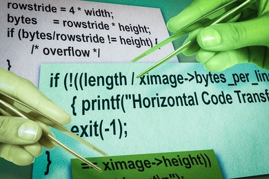 Drawing of hands holding tweezers, against a background with lines of code.