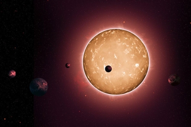 The system Kepler-444 formed when the Milky Way galaxy was a youthful two billion years old. The planets were detected from the dimming that occurs when they transit the disc of their parent star, as shown in this artist's conception. 