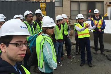 Engineering students tour of the MIT.nano construction site.
