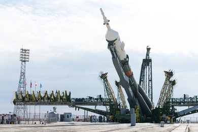 The Soyuz TMA-17M spacecraft is raised into position on the launch pad Monday, July 20, 2015 at the Baikonur Cosmodrome in Kazakhstan. Launch of the Soyuz rocket is scheduled for July 23.
