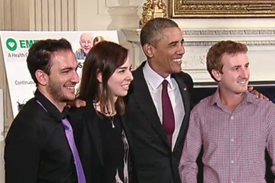 Fadel Adib, Dina Katabi, President Barack Obama, and Zachary Kabelac at the White House Demo Day