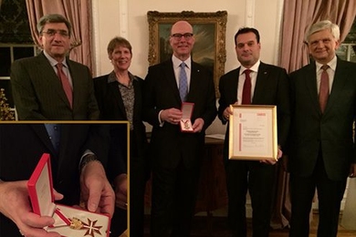 Randall Wright (center), senior industrial liaison officer at the MIT Industrial Liaison Program (ILP), received the Austrian Decoration of Honor on Oct. 6. With him are (l-r) Karl Koster, executive director of ILP; Marilyn Wright, Randall's wife; Michael Friedl, Austrian trade commissioner for the U.S.; and Hans Peter Manz, Austrian ambassador to the U.S.