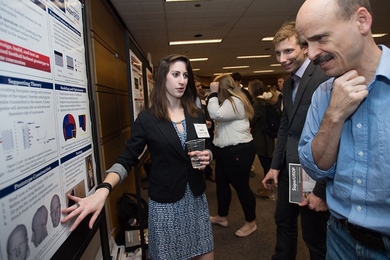 MIT senior Julia CrowleyFarrenga, who is studying aeronautics and astronautics, presents her research at the MIT School of Engineering's SuperUROP program.