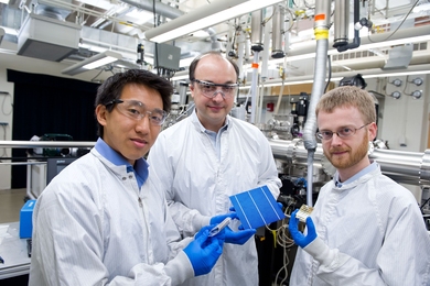Joel Jean (left) and Vladimir Bulović (center) of the Department of Electrical Engineering and Computer Science and Patrick Brown of the Department of Physics have, together with their collaborators, performed a rigorous assessment of today’s many commercial and emerging solar photovoltaic tech­nologies. They conclude that none should be ruled out, given the urgent need to move to a low-carbon...