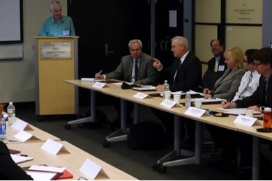 Frank DePaola, general manager of the Massachusetts Bay Transportation Authority, describes one of the challenges of running a growing city system with legacy infrastructure. Also pictured: Nigel Wilson of the MIT Department of Civil and Environmental Engineering (CEE); Frederick Salvucci of CEE; John Attanucci of CEE, Isabelle Trottier of the Transport Society of Montréal (STM); and Alfred Ka Ke...