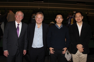 Left to right: Professor Dennis Whyte, James Del Favero, postdoc Mingda Li PhD '15, and Professor Ju Li