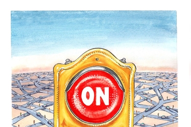 Cartoon stoplight with red "on" light illuminated. Green "off" light is dark.