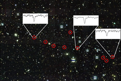 Dark Energy Survey image of the region surrounding the faint dwarf galaxy Reticulum II. The nine brightest known stars in the galaxy are marked with red circles. Spectra showing the unique chemical content of three stars are shown.