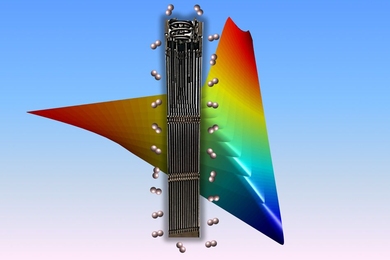 An artist’s rendering of nuclear fuel rods in front of a colorful computational valley predicted for alloying compositions.