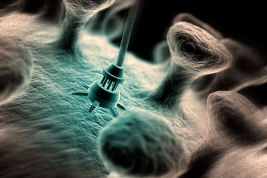 An artist’s interpretation of a nanomachine on a molecule. Knowing how energy and microscopic fluctuations relate will help scientists design more reliable nanomachines for applications ranging from drug delivery to fuel cell technology. 