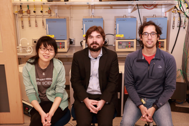 Synthesizing new physics: MIT assistant professor of physics Joseph Checkelsky (center) and graduate students Linda Ye (left) and Aravind Devarakonda are working to uncover new properties linked to collective behavior of electrons. Their work blends materials science and solid state physics and makes extensive use of high-temperature furnaces (behind them in photo) to produce interesting new compo...