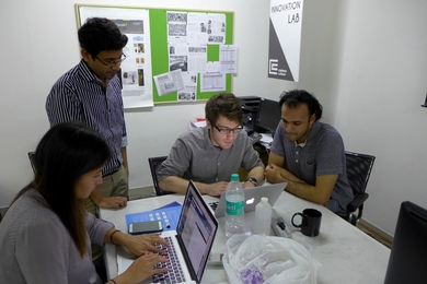 The Emerging Worlds innovation lab in Mumbai is a home away from home for MIT graduate students (l-r) Alicia Chong, Mrinal Mohit, Tristan Swedish, and Shantanu Sinha.