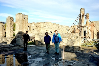 MIT Assistant Professor Admir Masic (right), grad student Steve Palkovic (left) and Roberto Scalesse of Erresse Group explored Pompeii ruins last fall.