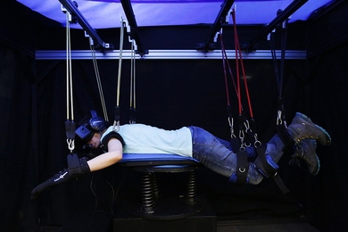 The Amphibian SCUBA diving simulator, a research project from the MIT Media Lab, lets users experience the underwater world through a high presence virtual reality system. The system includes a motion platform, Oculus Rift head-mounted display, snorkel with sensors, leg-motion sensors, and gloves that enable motion detection, temperature simulation, and physical feedback of objects.