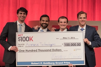 MIT $100K grand-prize-winning team Astraeus Technologies (left to right): Graham Lieberman, Jay Kumar, Alexander Blair, and Joseph Azzarelli. 
