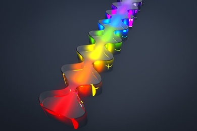 An artist’s embellishment of an image of the “gain medium” used to produce terahertz frequency combs. The different colors indicate that different wavelengths of oscillating terahertz radiation travel different distances through the medium, which has a different refractive index for each of them.