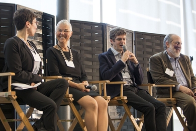 Members of the Campus Resiliency through Community Design panel: (left to right) Julie Newman, Maryanne Kirkbride, Brent Ryan, and Lawrence Susskind