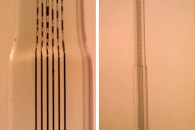 These micrographs show the fibers embedded in polymer and demonstrate how the fibers break apart into segments when they are stretched out in the cold-drawing process.