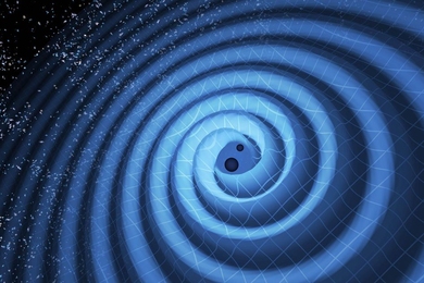 This illustration shows the merger of two black holes and the gravitational waves that ripple outward as the black holes spiral toward each other. The black holes — which represent those detected by LIGO on Dec. 26, 2015 — were 14 and 8 times the mass of the sun, until they merged, forming a single black hole 21 times the mass of the sun. In reality, the area near the black holes would appear ...