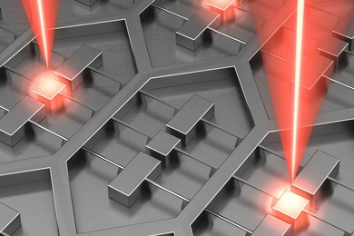 Researchers at MIT and Sandia National Laboratories have designed a device that is an array of 37 microfabricated lasers on a single chip. Its power requirements are relatively low because the radiation emitted by all of the lasers is “phase locked,” meaning that the troughs and crests of its waves are perfectly aligned. 